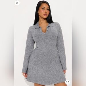 Kenzie Long Sleeve Mini Sweater Dress- Grey, Large